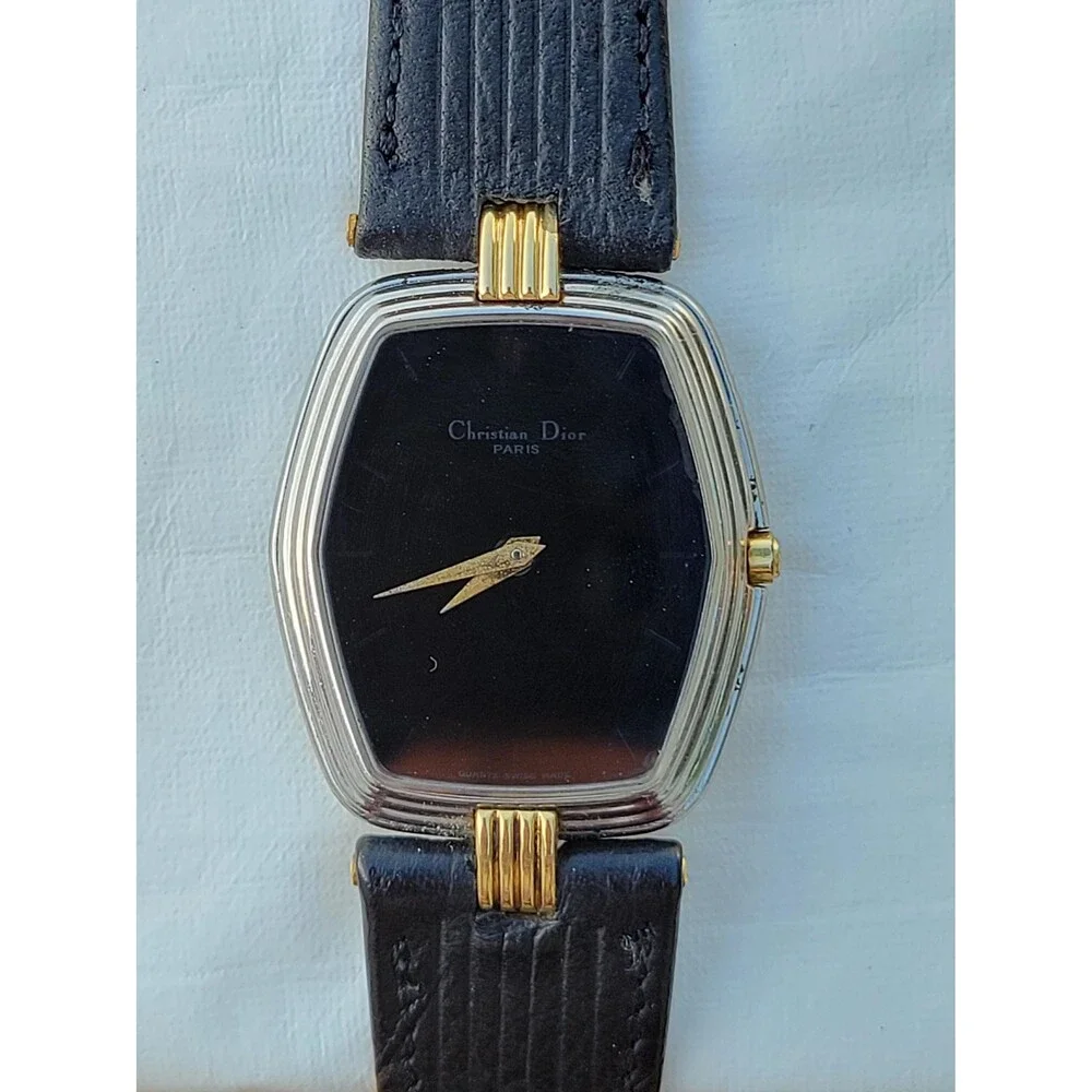 Vintage Christian Dior Quartz Watch Tonneau Hexagon Two Tone Black Dial Leather